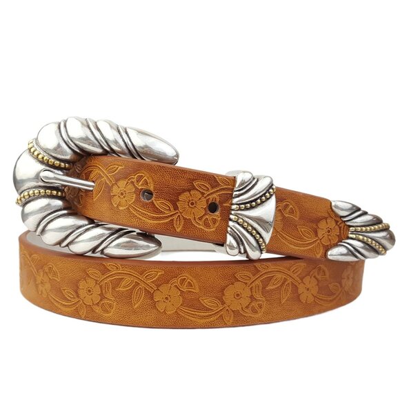 Western-Inspired Silver Buckle Floral Tooled Belt